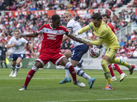 Preston North End goalkeeper Freddie Woodman drops the ball under pressure during the Sky Bet Championship match between Middlesbrough and P...