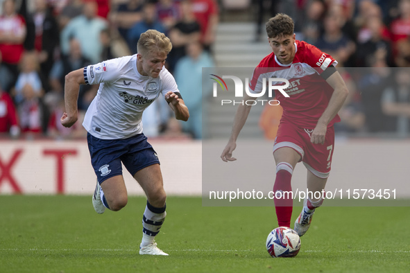 Middlesbrough's Hayden Hackney drives forward during the Sky Bet Championship match between Middlesbrough and Preston North End at the River...