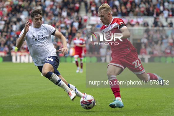 Tommy Conway of Middlesbrough takes on Jordan Storey of Preston North End during the Sky Bet Championship match between Middlesbrough and Pr...