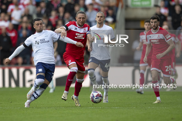 Luke Ayling of Middlesbrough takes on Sam Greenwood of Preston North End during the Sky Bet Championship match between Middlesbrough and Pre...