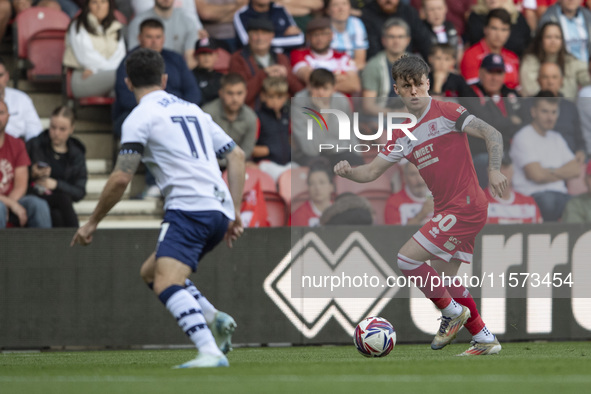 Middlesbrough's Ben Doak looks to cross the ball during the Sky Bet Championship match between Middlesbrough and Preston North End at the Ri...