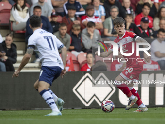 Middlesbrough's Ben Doak looks to cross the ball during the Sky Bet Championship match between Middlesbrough and Preston North End at the Ri...