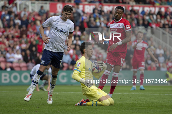 Preston North End goalkeeper Freddie Woodman collects the ball on his knees during the Sky Bet Championship match between Middlesbrough and...