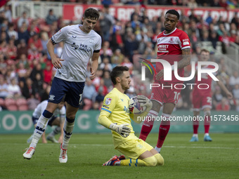 Preston North End goalkeeper Freddie Woodman collects the ball on his knees during the Sky Bet Championship match between Middlesbrough and...