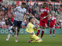 Preston North End goalkeeper Freddie Woodman collects the ball on his knees during the Sky Bet Championship match between Middlesbrough and...