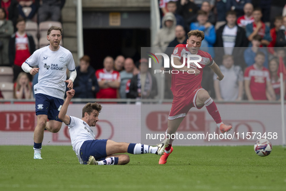 Middlesbrough's Aidan Morris is fouled while driving forward during the Sky Bet Championship match between Middlesbrough and Preston North E...