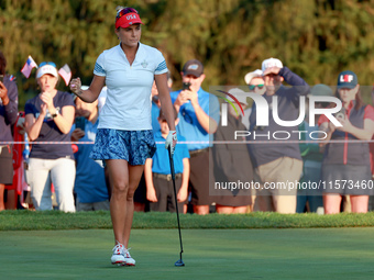 GAINESVILLE, VIRGINIA - SEPTEMBER 14: Lexi Thompson of the United States reacts to her putt on the 2nd green during Day Two of the Solheim C...