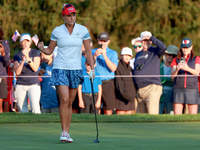 GAINESVILLE, VIRGINIA - SEPTEMBER 14: Lexi Thompson of the United States reacts to her putt on the 2nd green during Day Two of the Solheim C...