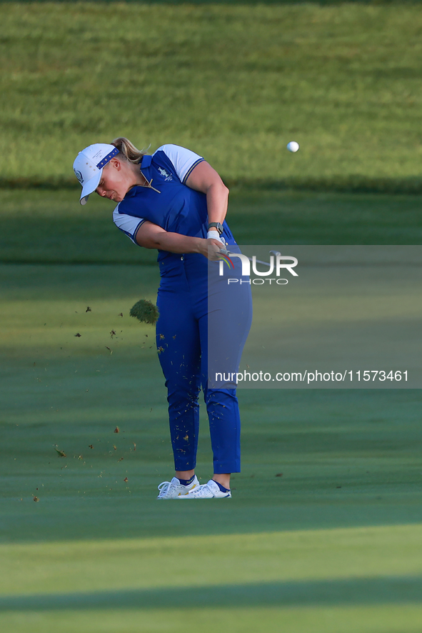 GAINESVILLE, VIRGINIA - SEPTEMBER 14: Maja Stark of Team Europe hits from the 3rd fairway during Day Two of the Solheim Cup at Robert Trent...