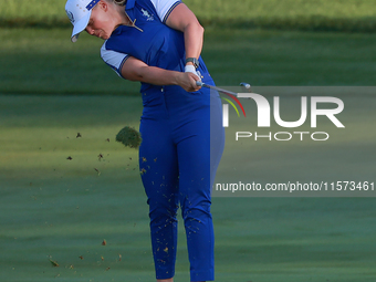 GAINESVILLE, VIRGINIA - SEPTEMBER 14: Maja Stark of Team Europe hits from the 3rd fairway during Day Two of the Solheim Cup at Robert Trent...