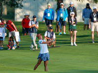 GAINESVILLE, VIRGINIA - SEPTEMBER 14: Lexi Thompson of the United States hits from the 3rd fairway during Day Two of the Solheim Cup at Robe...