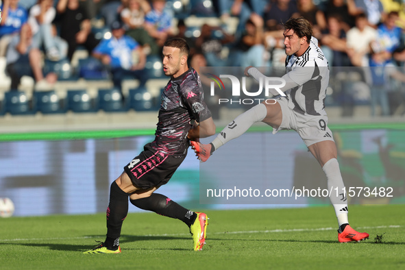 Dusan Vlahovic of Juventus FC controls the ball during the Serie A match between Empoli FC and Juventus FC in Empoli, Italy, on September 14...