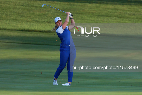 GAINESVILLE, VIRGINIA - SEPTEMBER 14: Maja Stark of Team Europe hits from the 3rd fairway during Day Two of the Solheim Cup at Robert Trent...