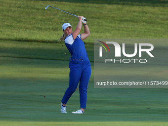 GAINESVILLE, VIRGINIA - SEPTEMBER 14: Maja Stark of Team Europe hits from the 3rd fairway during Day Two of the Solheim Cup at Robert Trent...