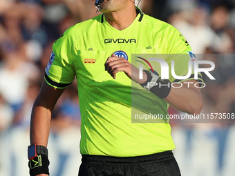 Referee Marco Di Bello officiates the Serie A match between Empoli FC and Juventus FC in Empoli, Italy, on September 14, 2024, at the stadiu...