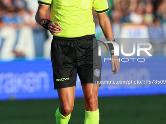 Referee Marco Di Bello officiates the Serie A match between Empoli FC and Juventus FC in Empoli, Italy, on September 14, 2024, at the stadiu...