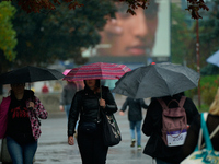 People with umbrellas are seen during a bout of rain in Warsaw, Poland on 14 September, 2024. Warnings for heavy rainfall and severe floodin...