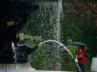 People with umbrellas are seen during a bout of rain in Warsaw, Poland on 14 September, 2024. Warnings for heavy rainfall and severe floodin...