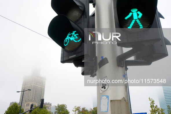 Fog is seen partly covering the city skyline in Warsaw, Poland on 14 September, 2024. Warnings for heavy rainfall and severe flooding have b...