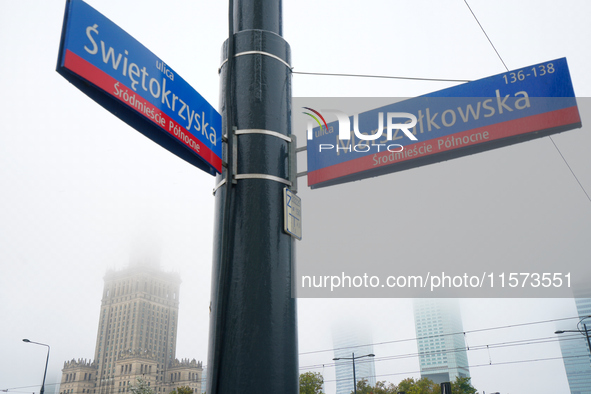 Fog is seen partly covering the city skyline in Warsaw, Poland on 14 September, 2024. Warnings for heavy rainfall and severe flooding have b...