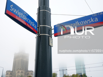 Fog is seen partly covering the city skyline in Warsaw, Poland on 14 September, 2024. Warnings for heavy rainfall and severe flooding have b...