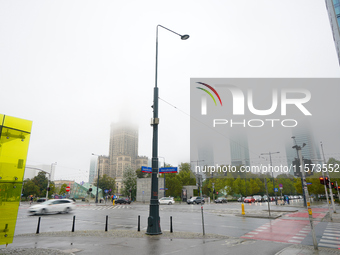 Fog is seen partly covering the city skyline in Warsaw, Poland on 14 September, 2024. Warnings for heavy rainfall and severe flooding have b...