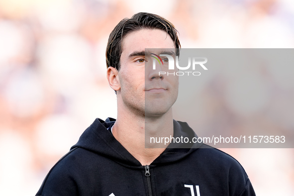 Dusan Vlahovic of Juventus FC looks on during the Serie A Enilive match between Empoli FC and Juventus FC at Stadio Carlo Castellani on Sept...