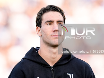 Dusan Vlahovic of Juventus FC looks on during the Serie A Enilive match between Empoli FC and Juventus FC at Stadio Carlo Castellani on Sept...