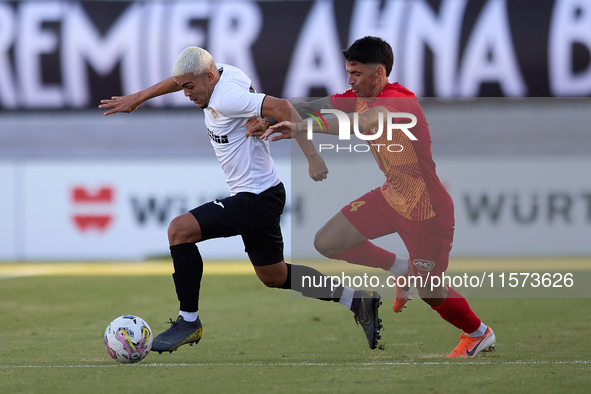 In Ta' Qali, Malta, on September 14, 2024, Kleiton do Monte Lima Basilio of Hibernians is closely followed by Leandro Lautaro Lacunza of Bir...