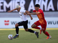 In Ta' Qali, Malta, on September 14, 2024, Kleiton do Monte Lima Basilio of Hibernians is closely followed by Leandro Lautaro Lacunza of Bir...