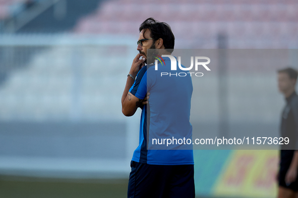 Stefano De Angelis, head coach of Birkirkara, gestures during the Malta 360 Sports Premier League soccer match between Hibernians and Birkir...