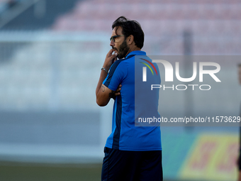 Stefano De Angelis, head coach of Birkirkara, gestures during the Malta 360 Sports Premier League soccer match between Hibernians and Birkir...