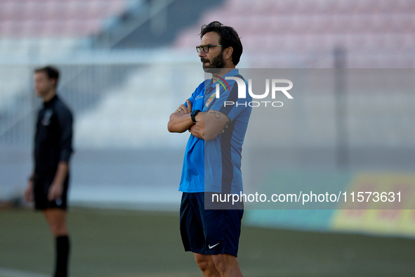 Stefano De Angelis, head coach of Birkirkara, gestures during the Malta 360 Sports Premier League soccer match between Hibernians and Birkir...