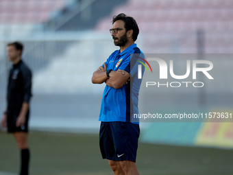 Stefano De Angelis, head coach of Birkirkara, gestures during the Malta 360 Sports Premier League soccer match between Hibernians and Birkir...