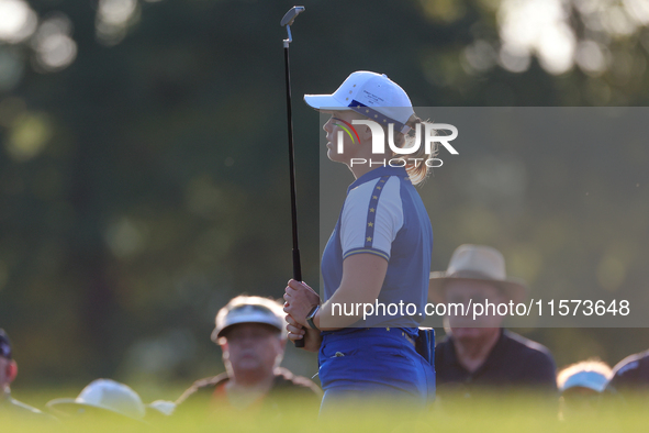 GAINESVILLE, VIRGINIA - SEPTEMBER 14: Maja Stark of Team Europe reacts to her putt on the third green during Day Two of the Solheim Cup at R...