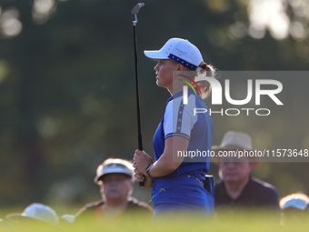 GAINESVILLE, VIRGINIA - SEPTEMBER 14: Maja Stark of Team Europe reacts to her putt on the third green during Day Two of the Solheim Cup at R...