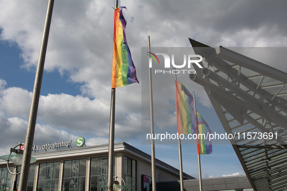 Rainbow flags are seen at the Dortmund Central Station as thousands of people take part in the annual traditional LGBTQ CSD demonstration in...