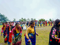 The Nepalese community wears traditional clothes and celebrates the Dhan Ropai festival in Panchthar, Nepal, on September 14, 2024. (