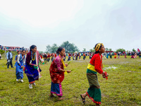 The Nepalese community wears traditional clothes and celebrates the Dhan Ropai festival in Panchthar, Nepal, on September 14, 2024. (