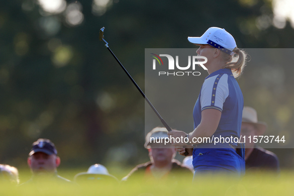 GAINESVILLE, VIRGINIA - SEPTEMBER 14: Maja Stark of Team Europe reacts to her putt on the third green during Day Two of the Solheim Cup at R...