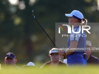 GAINESVILLE, VIRGINIA - SEPTEMBER 14: Maja Stark of Team Europe reacts to her putt on the third green during Day Two of the Solheim Cup at R...