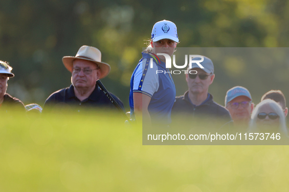 GAINESVILLE, VIRGINIA - SEPTEMBER 14: Maja Stark of Team Europe looks over the third green during Day Two of the Solheim Cup at Robert Trent...