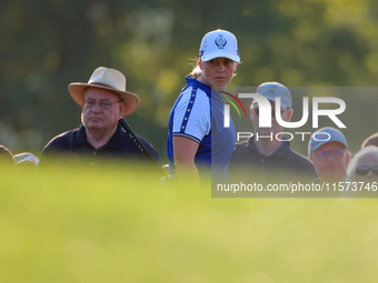 GAINESVILLE, VIRGINIA - SEPTEMBER 14: Maja Stark of Team Europe looks over the third green during Day Two of the Solheim Cup at Robert Trent...