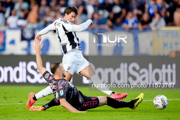 Dusan Vlahovic of Juventus FC misses to score first goal during the Serie A Enilive match between Empoli FC and Juventus FC at Stadio Carlo...