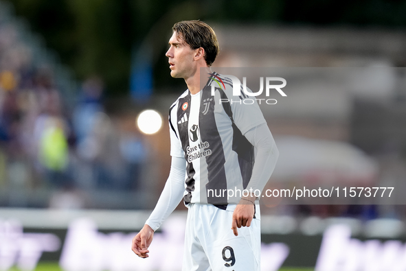 Dusan Vlahovic of Juventus FC looks on during the Serie A Enilive match between Empoli FC and Juventus FC at Stadio Carlo Castellani on Sept...