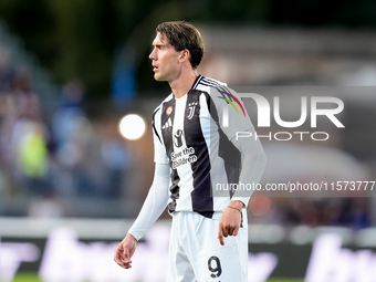 Dusan Vlahovic of Juventus FC looks on during the Serie A Enilive match between Empoli FC and Juventus FC at Stadio Carlo Castellani on Sept...