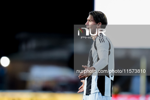 Dusan Vlahovic of Juventus FC looks dejected during the Serie A Enilive match between Empoli FC and Juventus FC at Stadio Carlo Castellani o...