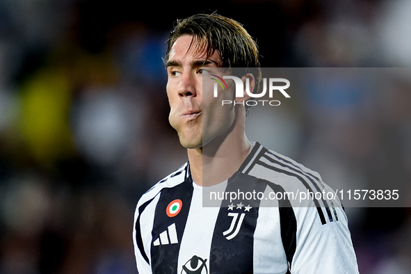 Dusan Vlahovic of Juventus FC reacts during the Serie A Enilive match between Empoli FC and Juventus FC at Stadio Carlo Castellani on Septem...