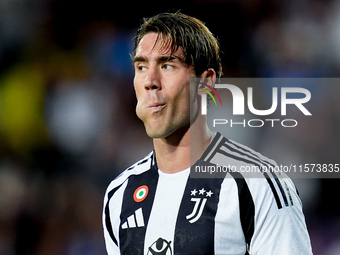 Dusan Vlahovic of Juventus FC reacts during the Serie A Enilive match between Empoli FC and Juventus FC at Stadio Carlo Castellani on Septem...