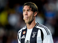 Dusan Vlahovic of Juventus FC reacts during the Serie A Enilive match between Empoli FC and Juventus FC at Stadio Carlo Castellani on Septem...